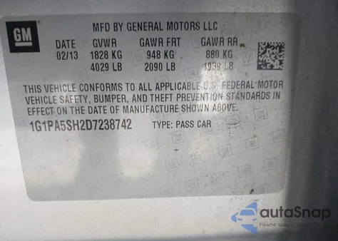 2013 Chevrolet Cruze Ls Auto z USA, uszkodzony, nr VIN 1G1PA5SH2D7238742